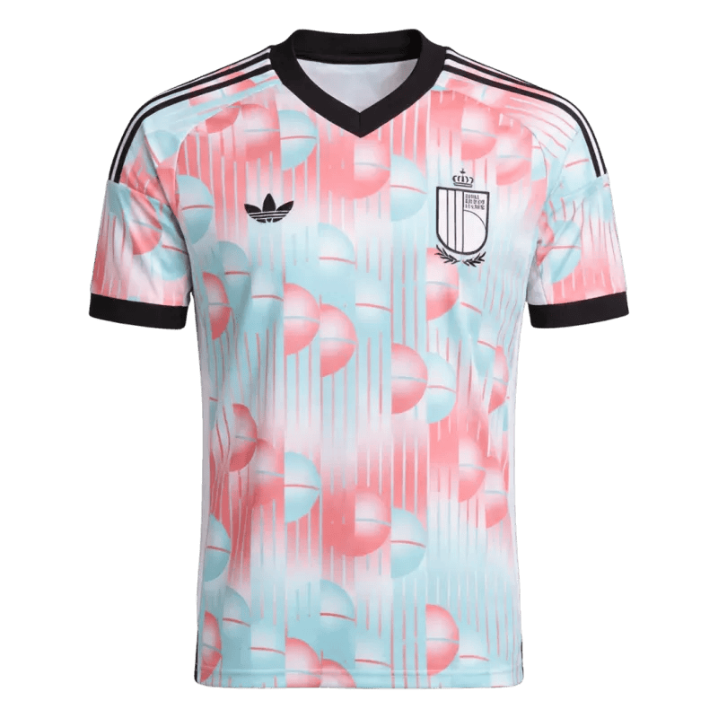 Belgium Away World Cup Jersey 2026 for men by The Jersey World, pink and blue design with team logo visible.