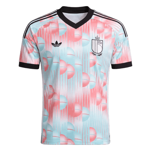 Belgium Away World Cup Jersey 2026 for men by The Jersey World, pink and blue design with team logo visible.